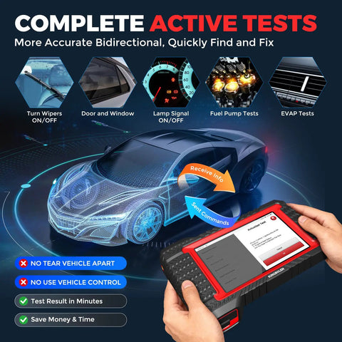 Hands holding Bidirectional OBD2 Scanner With Bluetooth Pro Grade Performance Lifetime Updates No Annual Fees CAN FD FCA AutoAuth