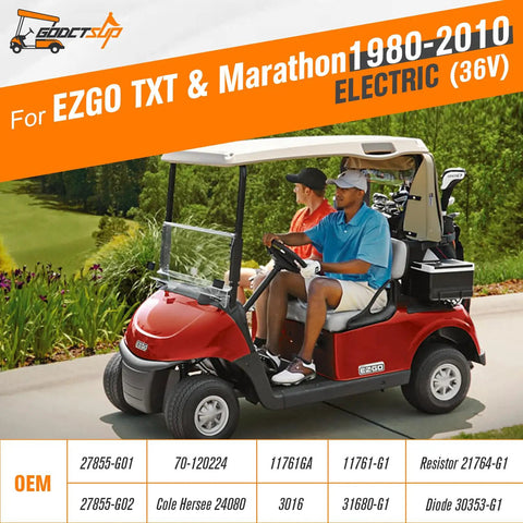 Two people driving EZGO golf cart compatible with 36V EZGO Solenoid Relay With Resistor And Diode For EZGO TXT And Marathon 1980 To 2010