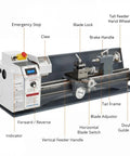 Garvee Mini Metal Lathe 9x30 Inch With 1100W Powerful Motor And 0-3000 Rpm Variable Speed Digital Readout showing controls and components.