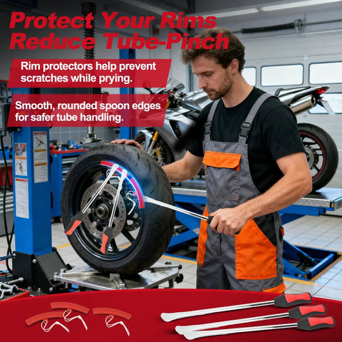 Mechanic using Beefy 38 Piece Tire Spoons Tool Set For Motorcycles Dirt Bikes And Lawn Mowers Includes 14.5 Inch Tire Irons Rim Protectors Valve Tools Cores Caps Four Way Valve Tool And Storage Bag Pro Grade Hardened Steel in workshop