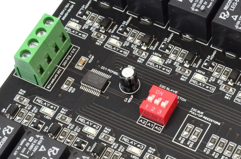 Close-up of 16 Channel I2C Relay Board With PCF8575 Expander for Arduino Raspberry Pi with LED indicator and control pins