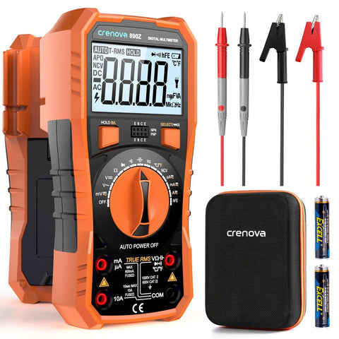 6000 Counts TRMS Digital Multimeter with NCV and Auto Ranging, measures AC DC voltage, current, includes probes and case