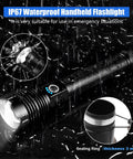 900000 Lumen Rechargeable Flashlight With USB Charging, showcasing IP67 waterproof feature on a wet surface, XHP70.2 LED
