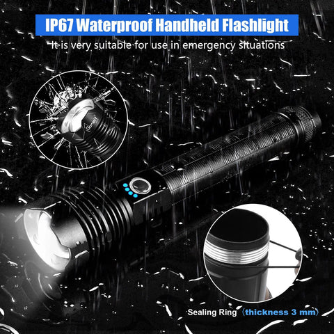 900000 Lumen Rechargeable Flashlight With USB Charging, showcasing IP67 waterproof feature on a wet surface, XHP70.2 LED