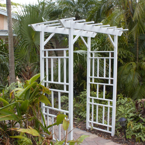 Vinyl Garden Archway For Outdoors, 72 By 85 Inches, White With Lattice Design And Trellis Sides, Weather Resistant PVC Arch In Garden