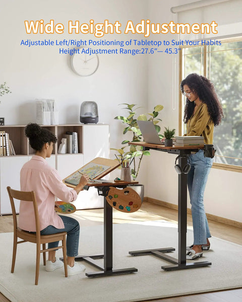 Two users utilizing Yihayo Electric Height Adjustable Overbed Table W/ Wheels, 24x16 Inch Mobile Nursing Stand Desk for laptop and painting.