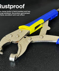Pro Grade Snap Fastener Tool Kit For Boat Covers With Heavy Duty Snap Setter Pliers And Canvas Snaps 60 Sets Of 15mm Stainless Snaps Includes Hole Punch Die And Magnetic Mold Head For Easy DIY Install showing close-up of rustproof pliers on black background.