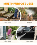 Jet Nozzle For Garden Hose And Power Washer Wand With Dual Nozzles, showing diverse uses like floor cleaning, pet bath, plant watering, and auto wash.