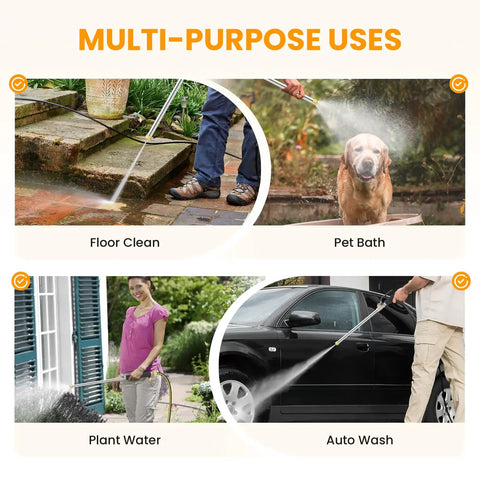 Jet Nozzle For Garden Hose And Power Washer Wand With Dual Nozzles, showing diverse uses like floor cleaning, pet bath, plant watering, and auto wash.