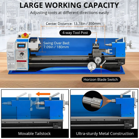 Blue metal mini lathe with 9x30 bed and 5-inch 3-jaw chuck for precision turning