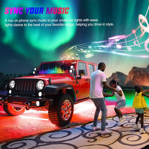 Family dancing by SUV with Six Piece Dope Underglow Neon Accent Strip Lights With 300 LEDs RGB Multi Color DIY Sound Active Music Mode