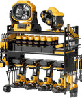 16.5 Inch Wall Mount Power Tool Organizer with Six Drill Slots and Three Tier Cordless Tool Rack in black steel