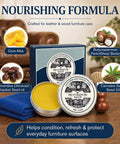 All In One Leather And Wood Furniture Salve With Brush Set Deep Conditioning Wax tin with ingredients and background