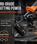 Close-up of 8 Inch Mini Bolt Cutters Heavy Duty CrMo Wire And Fence Cutter highlighting pro-grade steel jaws and cutting power.