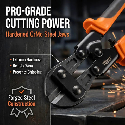 Close-up of 8 Inch Mini Bolt Cutters Heavy Duty CrMo Wire And Fence Cutter highlighting pro-grade steel jaws and cutting power.