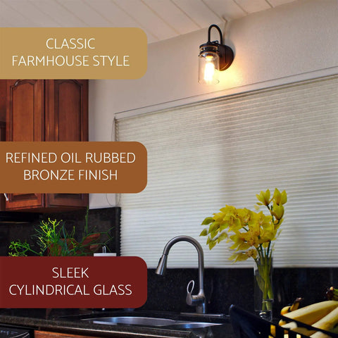 Wyer 11.5 Inch Farmhouse Industrial Wall Sconce With Gooseneck Arm Clear Glass Jar Shade Dimmable Oil Rubbed Bronze Finish in kitchen