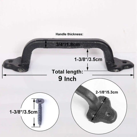 Rustic 9 Inch Cast Iron Sliding Barn Door Handle Set with dimensions and close-up of black finish
