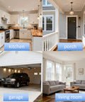 Collage of home interiors and exteriors: modern kitchen, front porch, garage with SUV, and sunlit living room.
