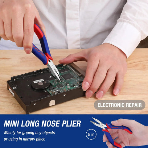 Person using 5 inch long nose plier from Mini Pliers Set 3-Piece Handy Tool Kit With 4 Inch Diagonal Pliers, 6 Inch Needle Nose Pliers