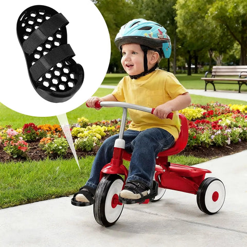 Child on tricycle showing Adaptive Pedal Stabilizers for bikes with adjustable foot support straps, mobility aid