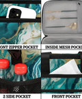 Insulated Picnic Backpack Lunch Bag For Women And Men showing front zipper pocket, inside mesh pocket, and side bottle holder