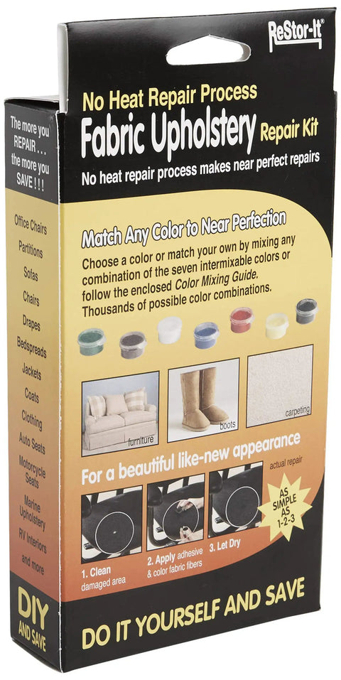 Box of No Heat Fabric Upholstery Repair Kit For Burns Holes Rips Tears Restores Furniture Fibers With 7 Intermixable Colors.