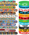 Monster Truck Party Bracelets Set 48 Pieces Slap And Rubber Silicone Wristbands showing slap bands and rubber designs.