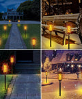 4 Pack Solar Tiki Torch Lights With Flickering Flame IP65 Waterproof Outdoor Solar Powered Pathway Garden Yard Patio Porch Decor For Halloween And Year Round Vibe illuminating a garden path and patio area at night.