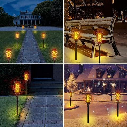 4 Pack Solar Tiki Torch Lights With Flickering Flame IP65 Waterproof Outdoor Solar Powered Pathway Garden Yard Patio Porch Decor For Halloween And Year Round Vibe illuminating a garden path and patio area at night.
