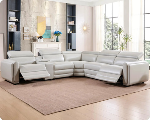 Power Recliner Sectional Sofa With Storage And USB Port, Leather 5 Seat Reclining Sectional With Console And Cup Holders