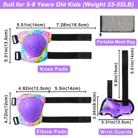 Super Comfy Kids Protective Gear Set with rainbow unicorn design showing dimensions for knee pads, elbow pads, wrist guards, and mesh bag