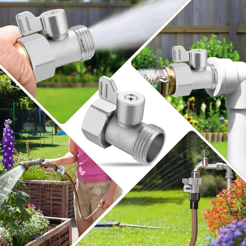 2 Pack 304 Stainless Steel Garden Hose Shut Off Valve 3/4 Inch GHT Ball Valve Beefy Heavy Duty Water Shut Off Connector For Outdoor Hoses Rust Proof Corrosion Resistant Built To Last, shown on hose and faucet
