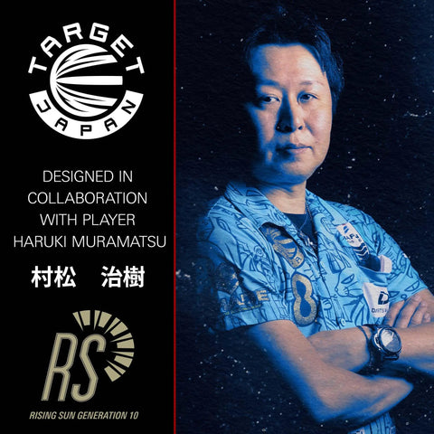 Haruki Muramatsu showcasing Rising Sun Gen 10 Steel Tip Darts Made From 95 Percent Tungsten with distinctive blue shirt.