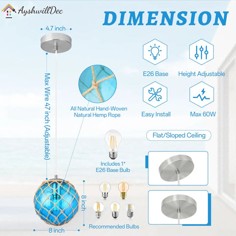 Dimensions and features of Blue Glass Coastal Pendant Light With Hemp Rope For Beach House Nautical Decor One Light Hanging Fixture