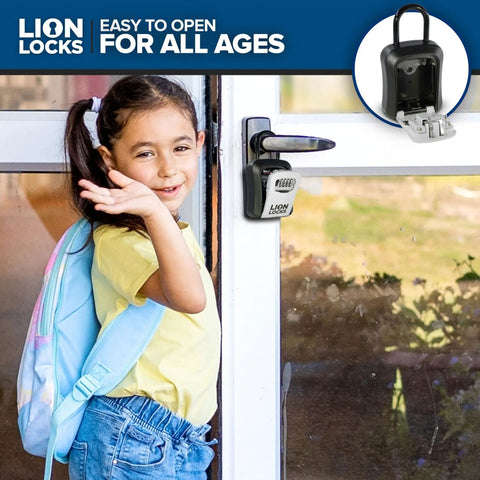 Rock Solid Key Lock Box Safe With Combination For Real Estate Home Car And Vacation Rentals Waterproof Key Safe Made From Heavy Duty Aluminum Alloy And Steel Easy Install Pack Of Six mounted on door with child outside
