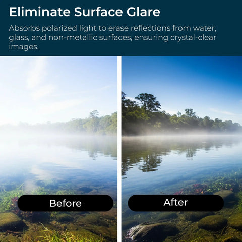 Before and after image showing 58mm UV Haze Lens Filter for DSLR and Mirrorless Cameras, reducing glare and enhancing clarity.