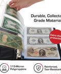 Hand inserting bills into LaserWeld Four Pocket Currency Page For 100 Count Keeps Four Bills Neatly Labeled With Label Pocket Acid Free Polypropylene Top Loading Laser Welded Pages Flat Glare Free Display For Easy Three Ring Binder Organization