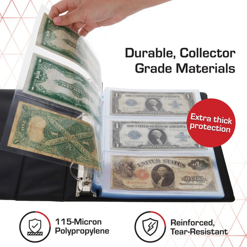 Hand inserting bills into LaserWeld Four Pocket Currency Page For 100 Count Keeps Four Bills Neatly Labeled With Label Pocket Acid Free Polypropylene Top Loading Laser Welded Pages Flat Glare Free Display For Easy Three Ring Binder Organization
