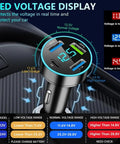 Superfast Eighty Eight Watt Four Port USB C Car Charger With Digital Voltmeter PD QC 3.0 showing LED voltage display in vehicle.