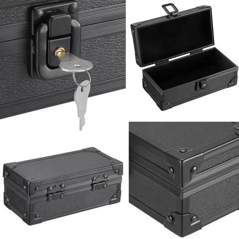 Lockable Cash Box With Key Aluminum Alloy Money Organizer For Home Office Storage, open and closed views, showing lock detail.