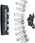 Diamond Polishing Paste Kit With 10 Pro Grade Pastes Featuring 50 Percent Diamond Powder, Oil Based Compound, Grit Range From 400 To 200000, Ideal For Marble Glass Metal Jewelry Resin Silver Gemstones, Made In USA, Includes 5 Gram Syringes, showing syringes and applicator tips