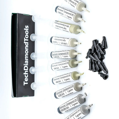 Diamond Polishing Paste Kit With 10 Pro Grade Pastes Featuring 50 Percent Diamond Powder, Oil Based Compound, Grit Range From 400 To 200000, Ideal For Marble Glass Metal Jewelry Resin Silver Gemstones, Made In USA, Includes 5 Gram Syringes, showing syringes and applicator tips