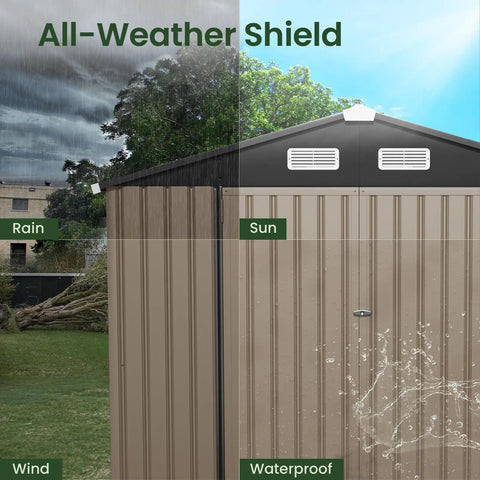 8x6 Ft Full Size Outdoor Metal Storage Shed With Floor For Backyard Tools Bikes And Gear All Weather Shelter With Reinforced Sidewall Girts And Updated Frame Structure Durable Steel Construction Built To Last featuring all-weather protection against rain, sun, wind, and waterproof design