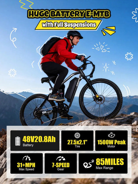 All Terrain Electric Mountain Bike For Adults With Full Suspension 1500W Peak Brushless Motor 31MPH 48V 20Ah rugged trail ride