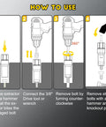 Illustration showing how to use 28-Piece Deep Bolt Extractor Set with 3/8in Drive for bolt removal