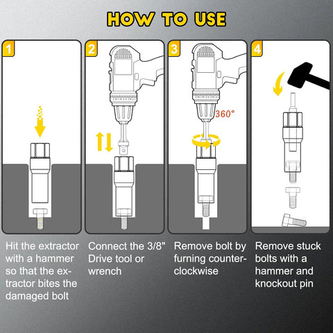 Illustration showing how to use 28-Piece Deep Bolt Extractor Set with 3/8in Drive for bolt removal