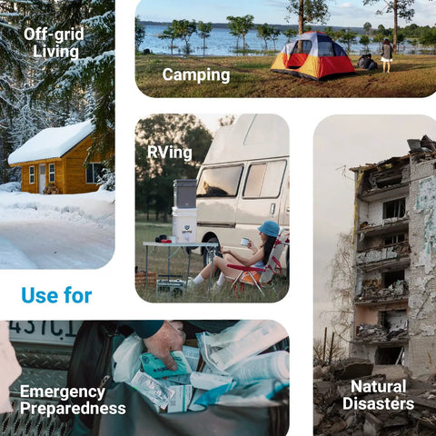 Gravity Fed Camping Water Filter System For Backpacking Survival And Glamping Portable Purification Gear shown in various outdoor settings.