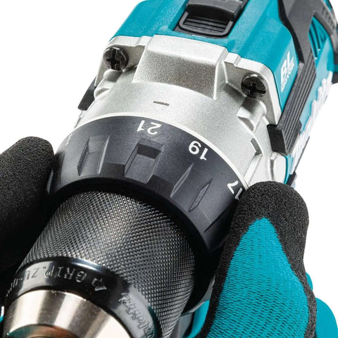 Close-up view of Kickin Amp 18V Brushless Cordless Drill Driver's metal chuck and torque settings for smooth control.
