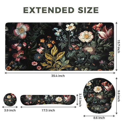 Floral 4in1 Large Desk Cover Mat With Ergonomic Wrist Rest, XXL Anti Slip Mouse Pad And Keyboard Pad shown with dimensions