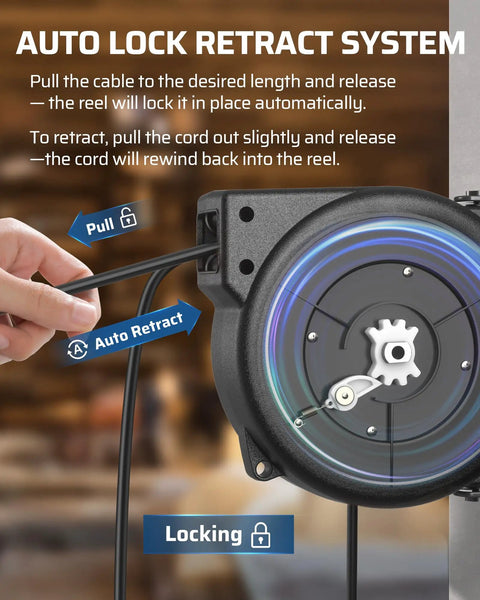 30 Foot Retractable Extension Cord Reel With 16/3C SJTOW Cable Wall Mount Power Reel For Home Garage Or Workshop Easy Install Smooth Auto Rewind Tangle Free Cable Management, auto-lock mechanism